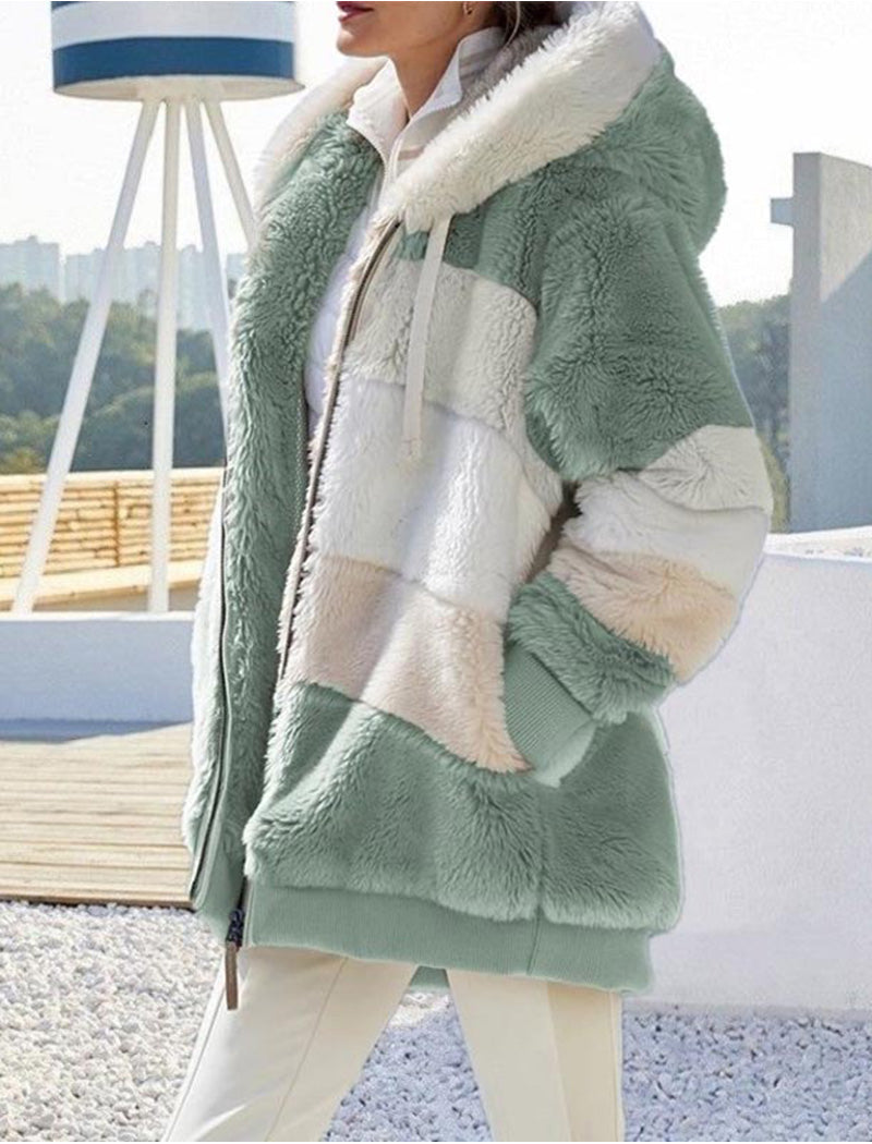 Hooded Patchwork Fuzzy Jacket