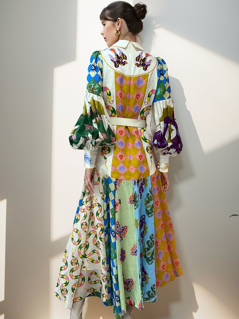 Patchwork Print Long Sleeve Maxi Dress