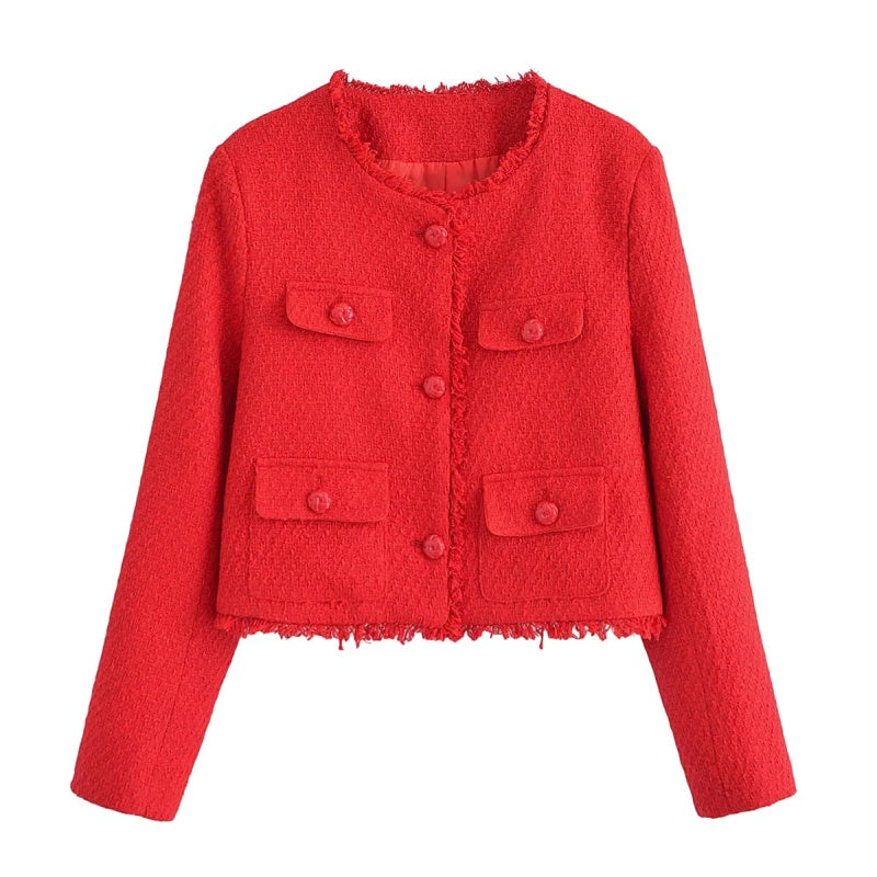 Cropped Tweed Button-Up Jacket