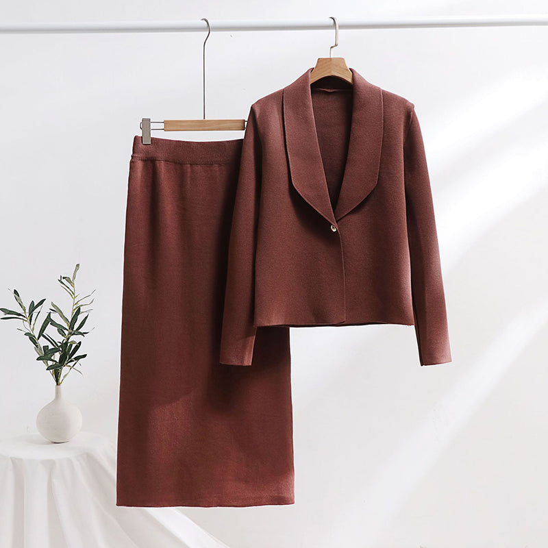 Two-Piece Set with Long Sleeve Solid Top & High-Waisted Skirt