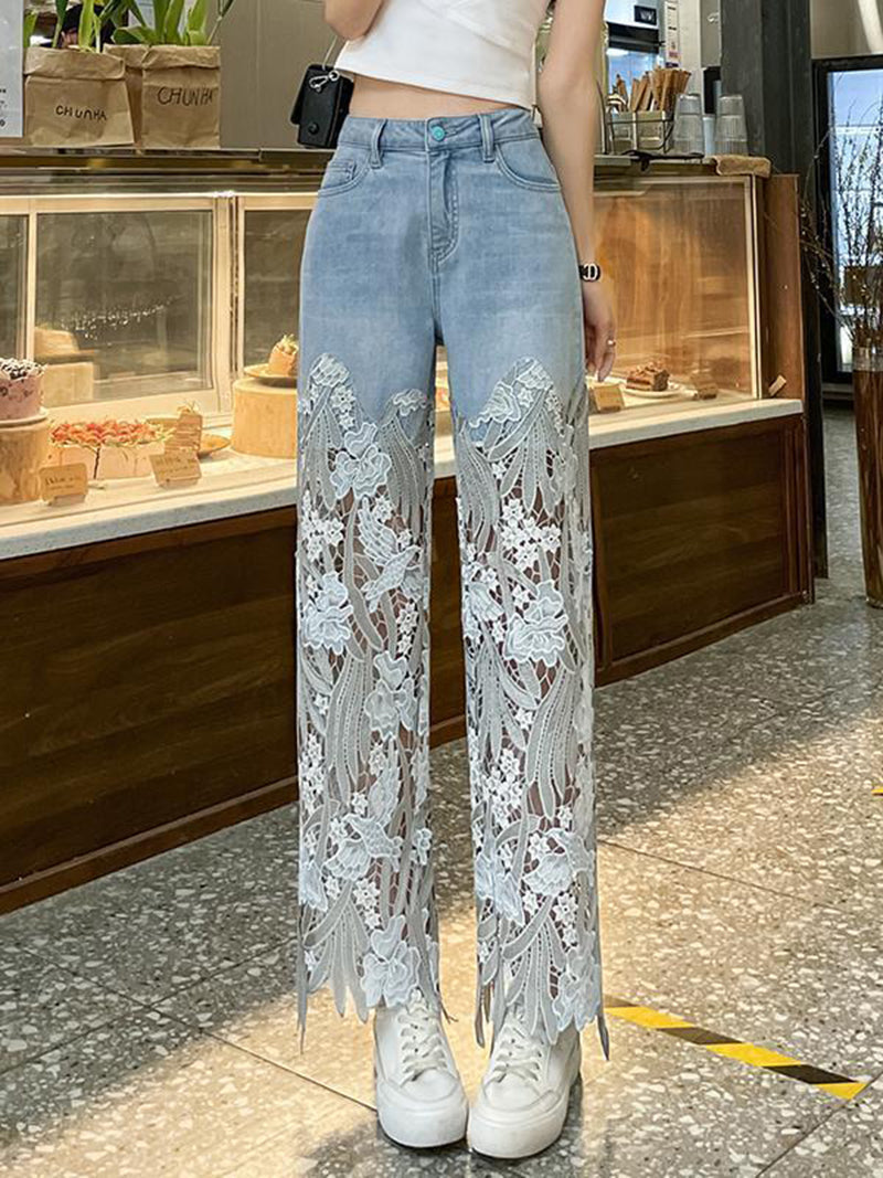 Lace Denim Wide-Leg Pants