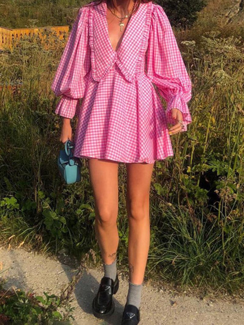 Plaid Puff Sleeve V-Neck Mini Dress