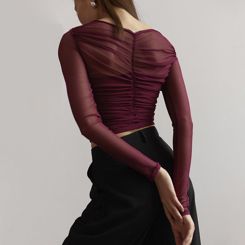 Draped Mesh Long Sleeve Top