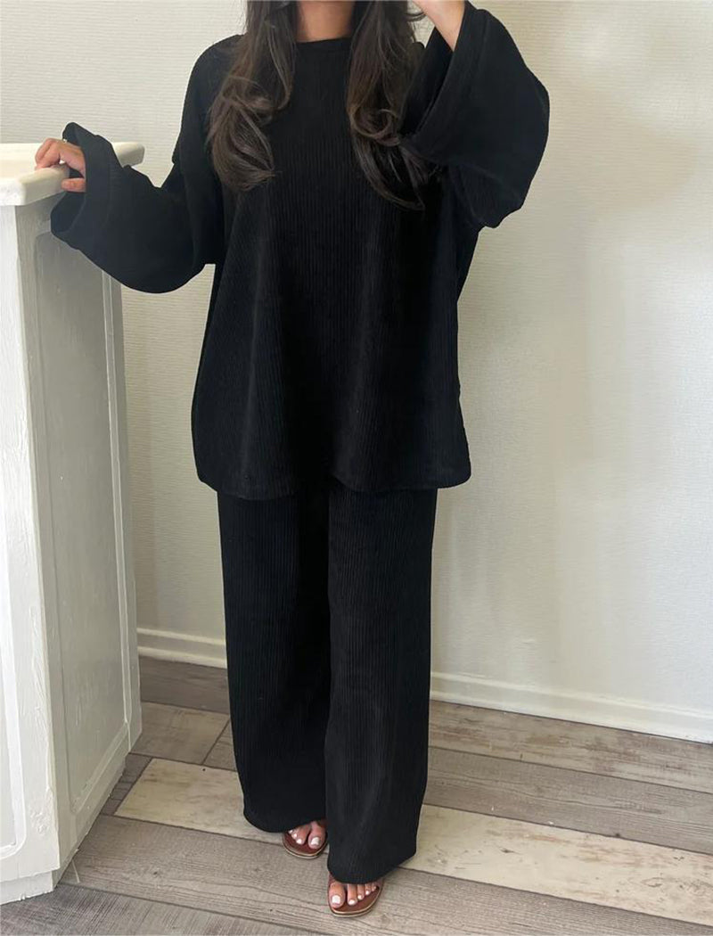 Corduroy Solid Color Crew Neck Long Sleeve Top and Pants Set