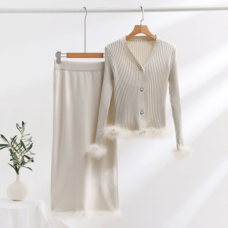 Knit Feather Trim Top and Skirt Set