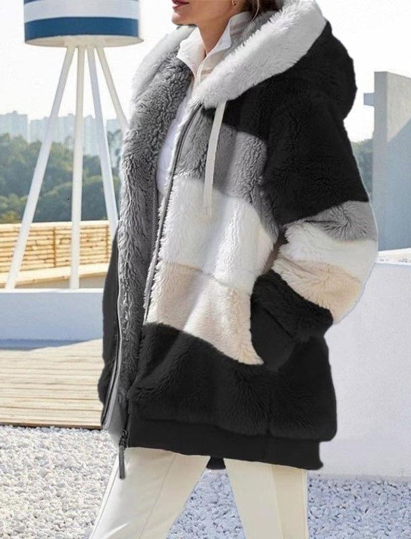 Hooded Patchwork Fuzzy Jacket