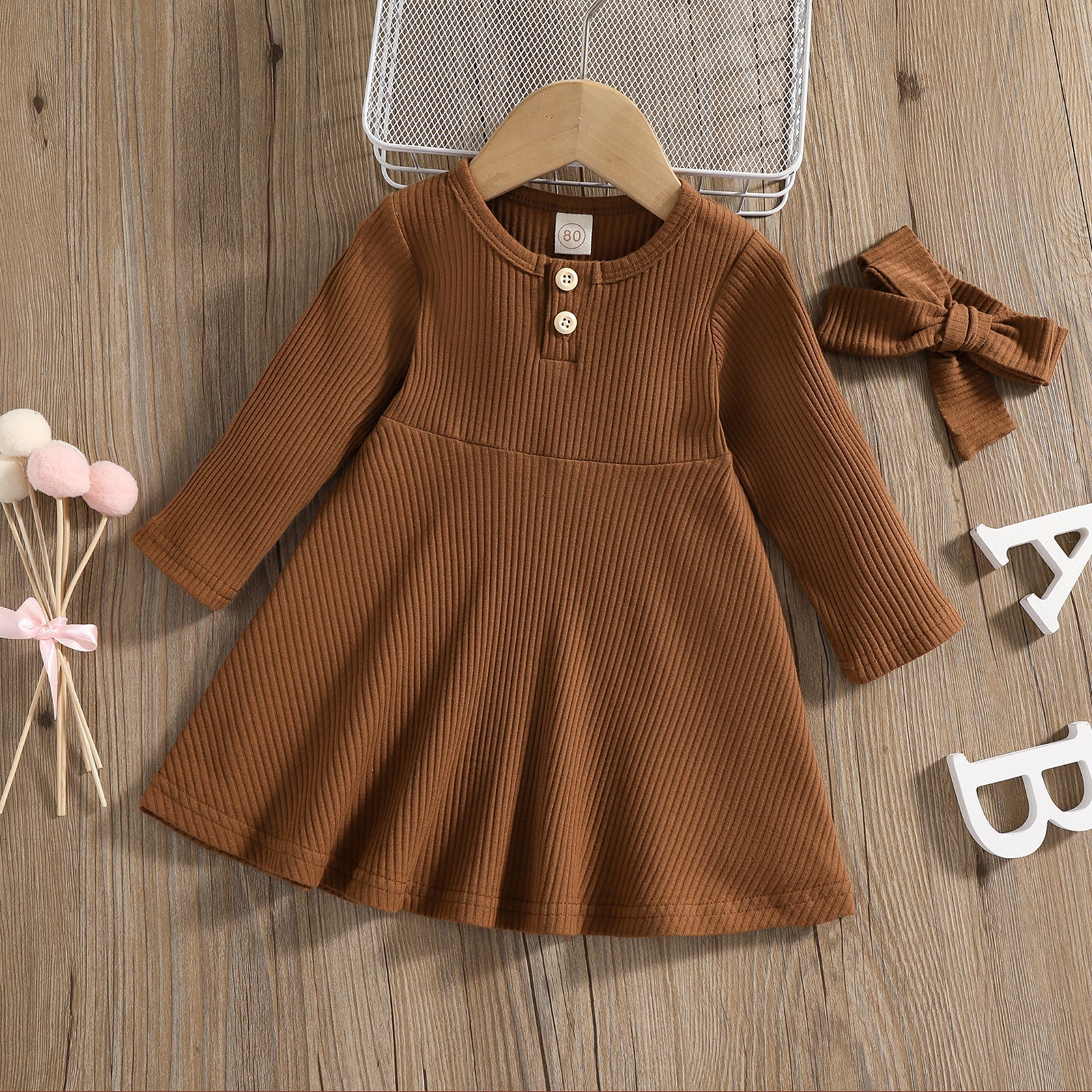 Button-Front Ribbed Long-Sleeve Midi Dress (Kids)