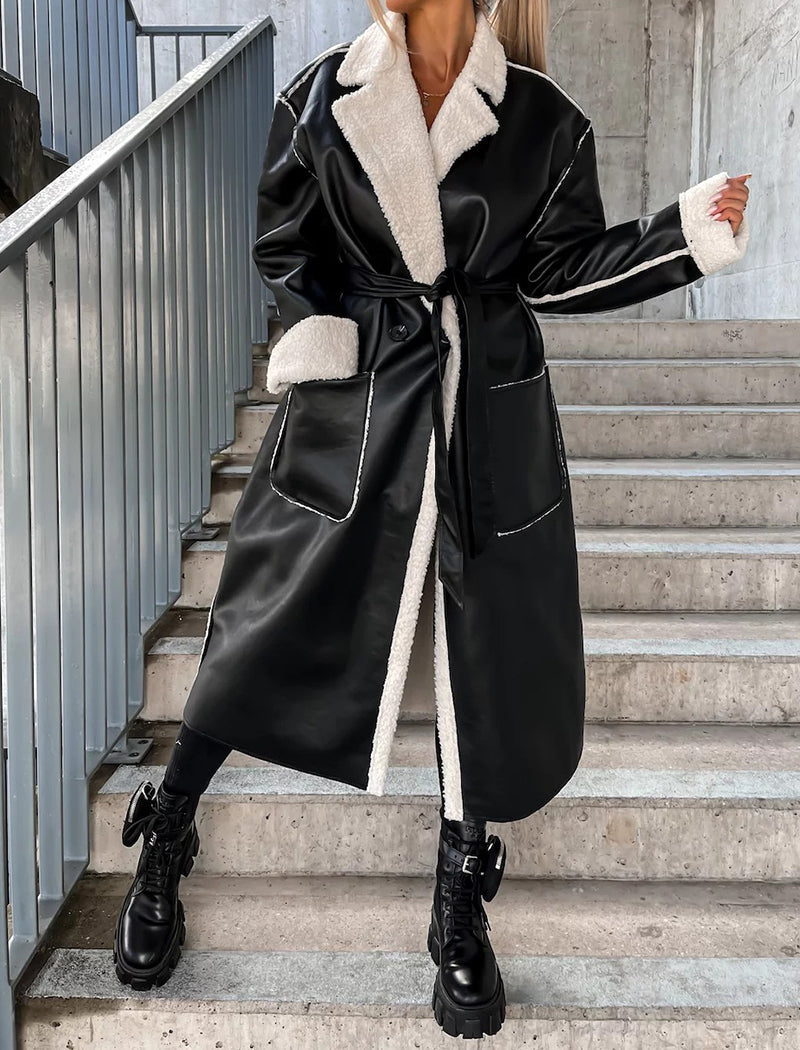 Belted Faux Leather Long Coat