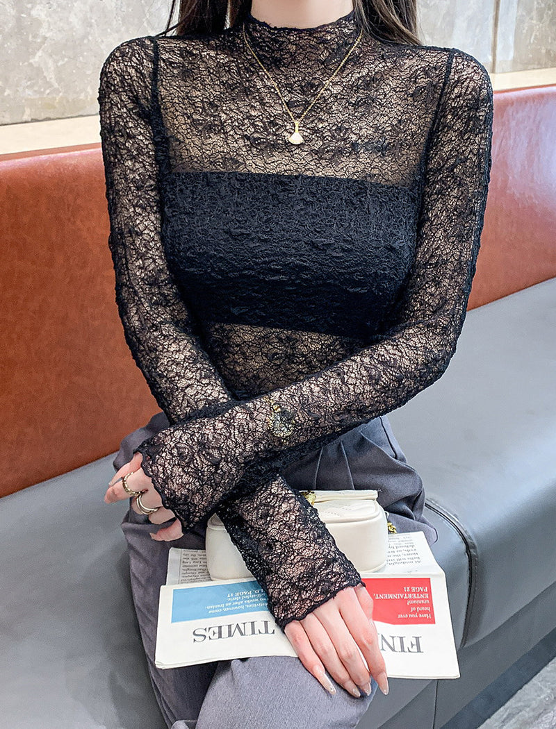 Mock Neck Sheer Lace Top