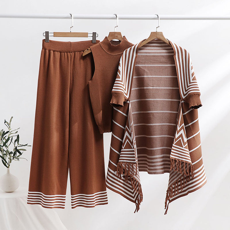 Striped Versatile Collar Knit Vest, Fringe Shawl & Wide-Leg Pants Set