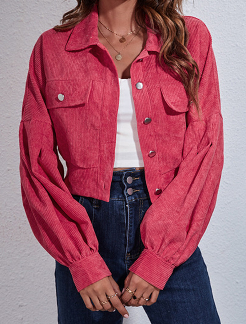 Corduroy Lantern Sleeve Cropped Jacket