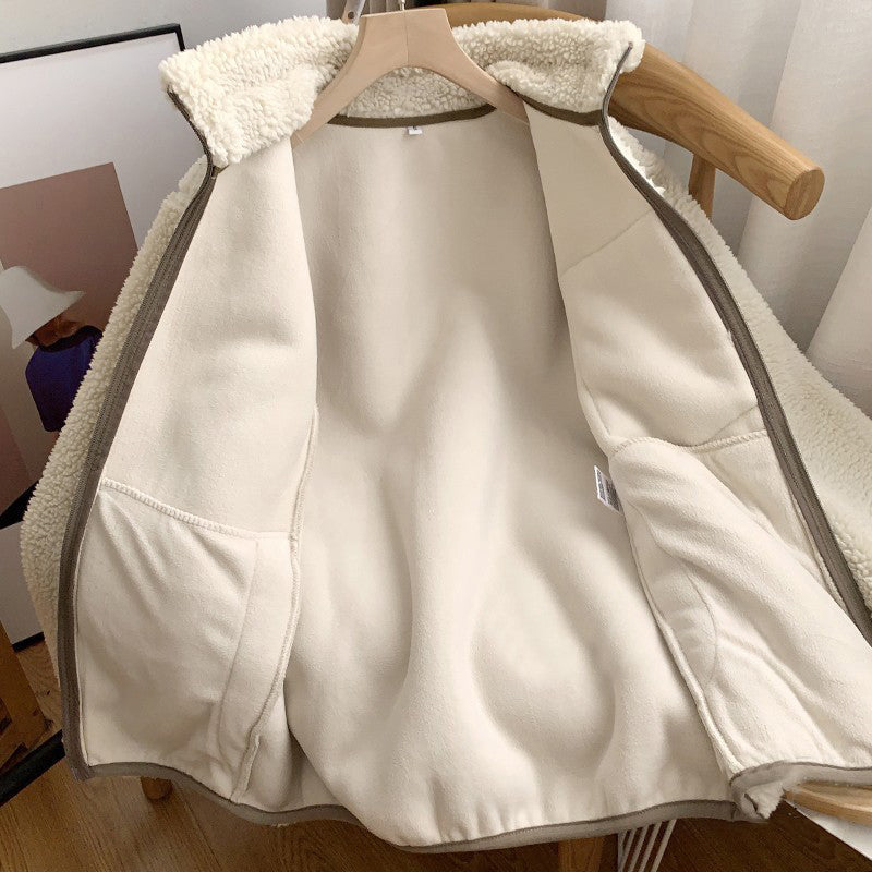 Zipper Windproof Pocket Stand Collar Fleece Coat