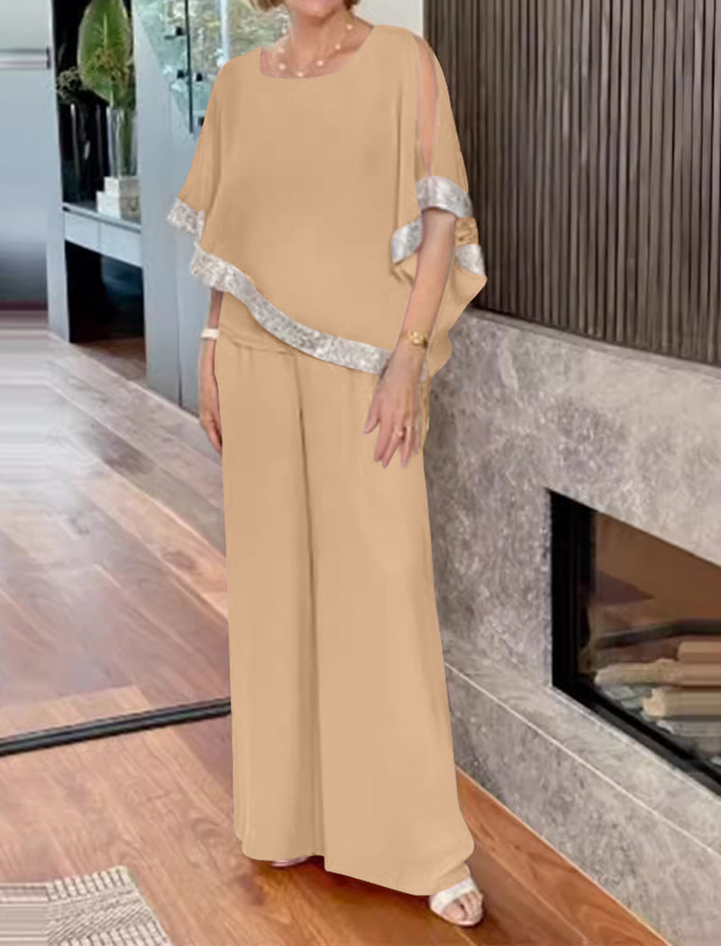 Sequin Color-Block Batwing Sweater and Wide-Leg Pants Set
