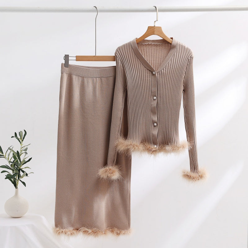 Knit Feather Trim Top and Skirt Set
