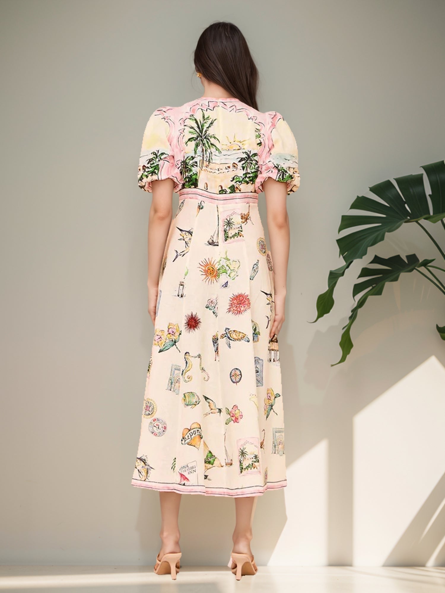 Ocean Print Smocked Midi Dress