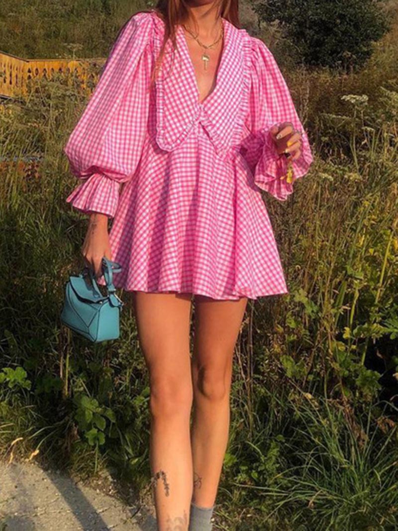 Plaid Puff Sleeve V-Neck Mini Dress