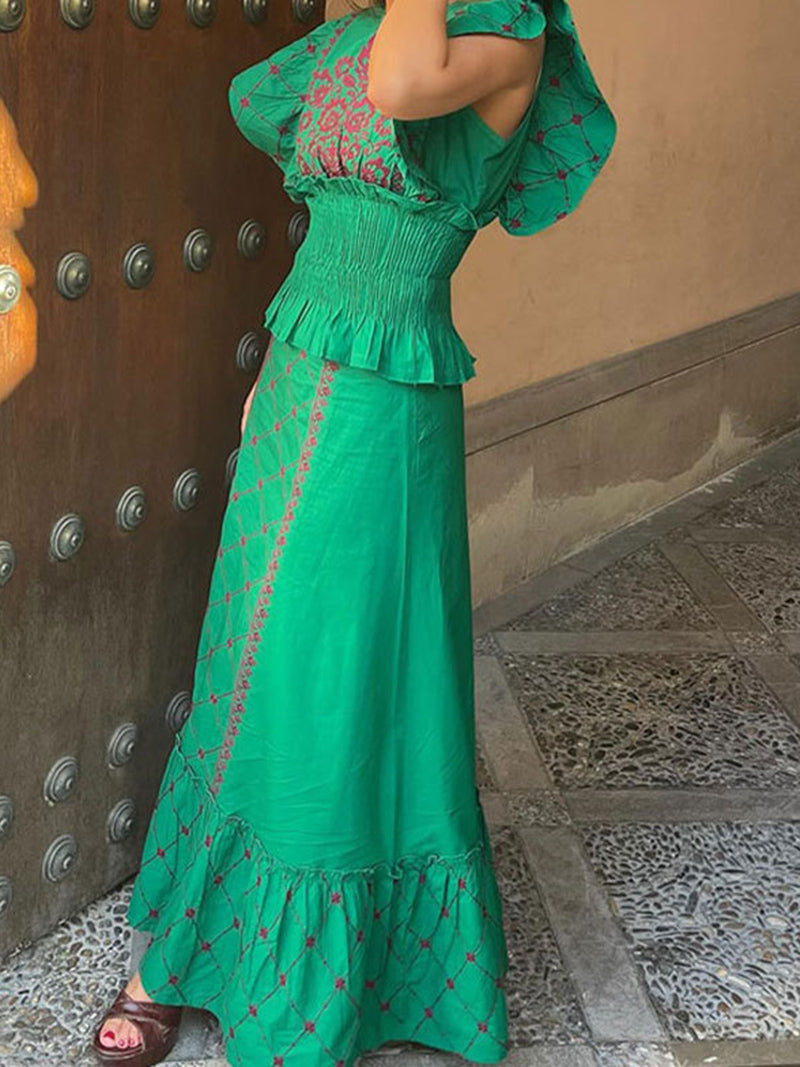 Puff-Sleeve Peplum Maxi Dress