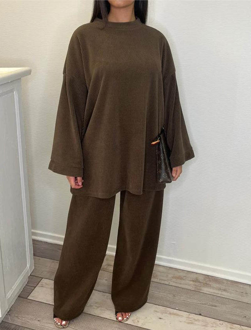 Corduroy Solid Color Crew Neck Long Sleeve Top and Pants Set
