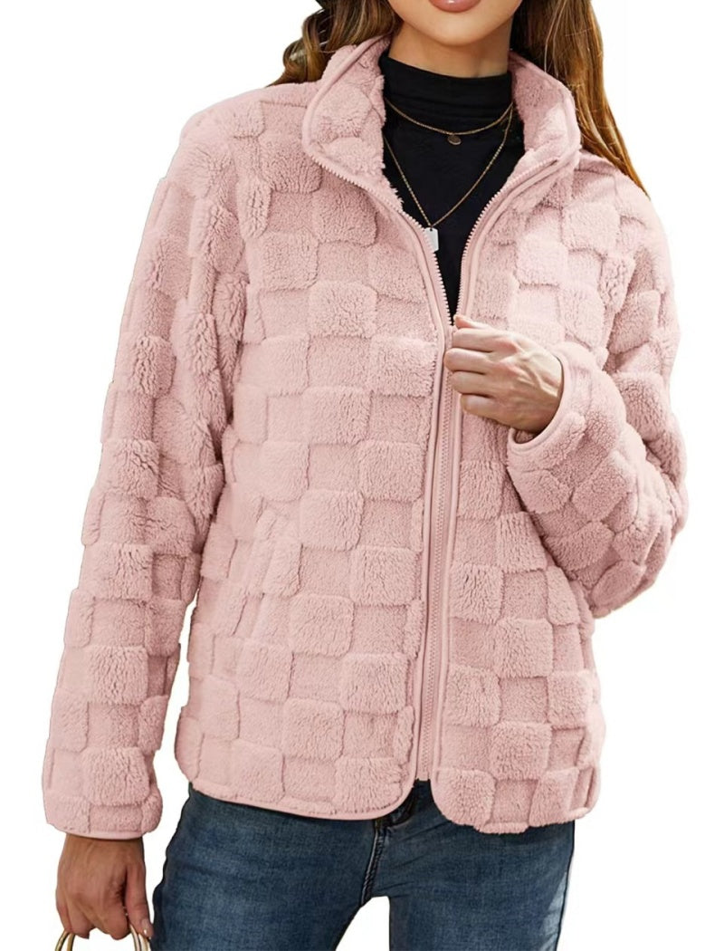 Checkered Texture Zip-Up Jacket