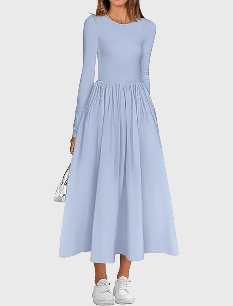 Long-Sleeve Pleated Midi Dress