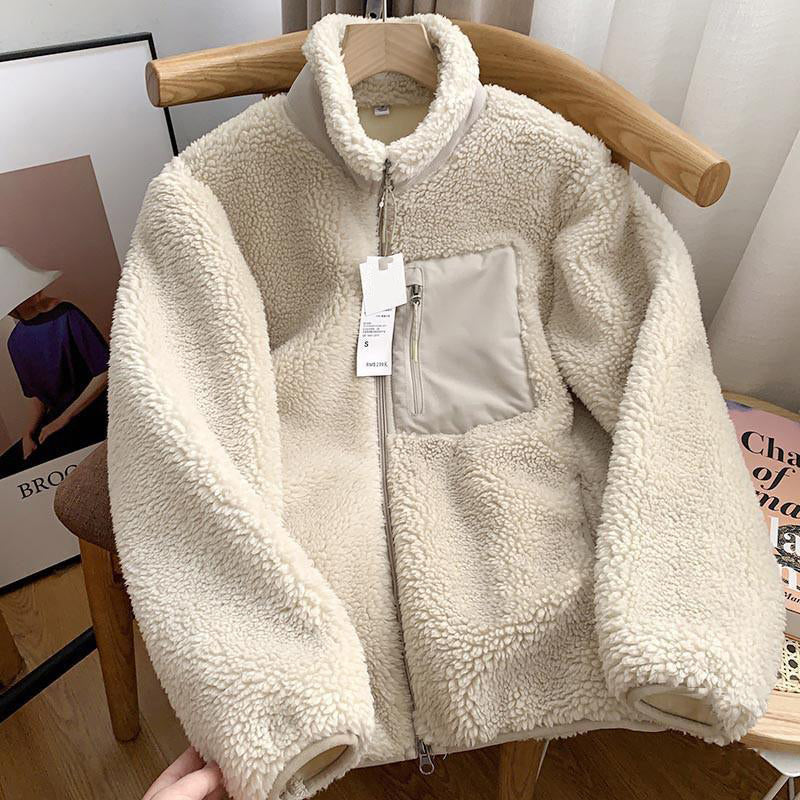 Zipper Windproof Pocket Stand Collar Fleece Coat