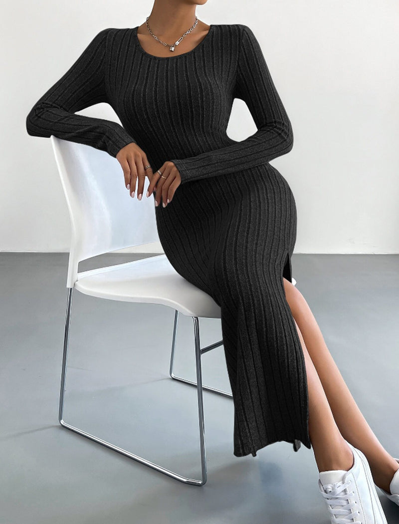 Ribbed Long-Sleeve Slit Maxi Dress