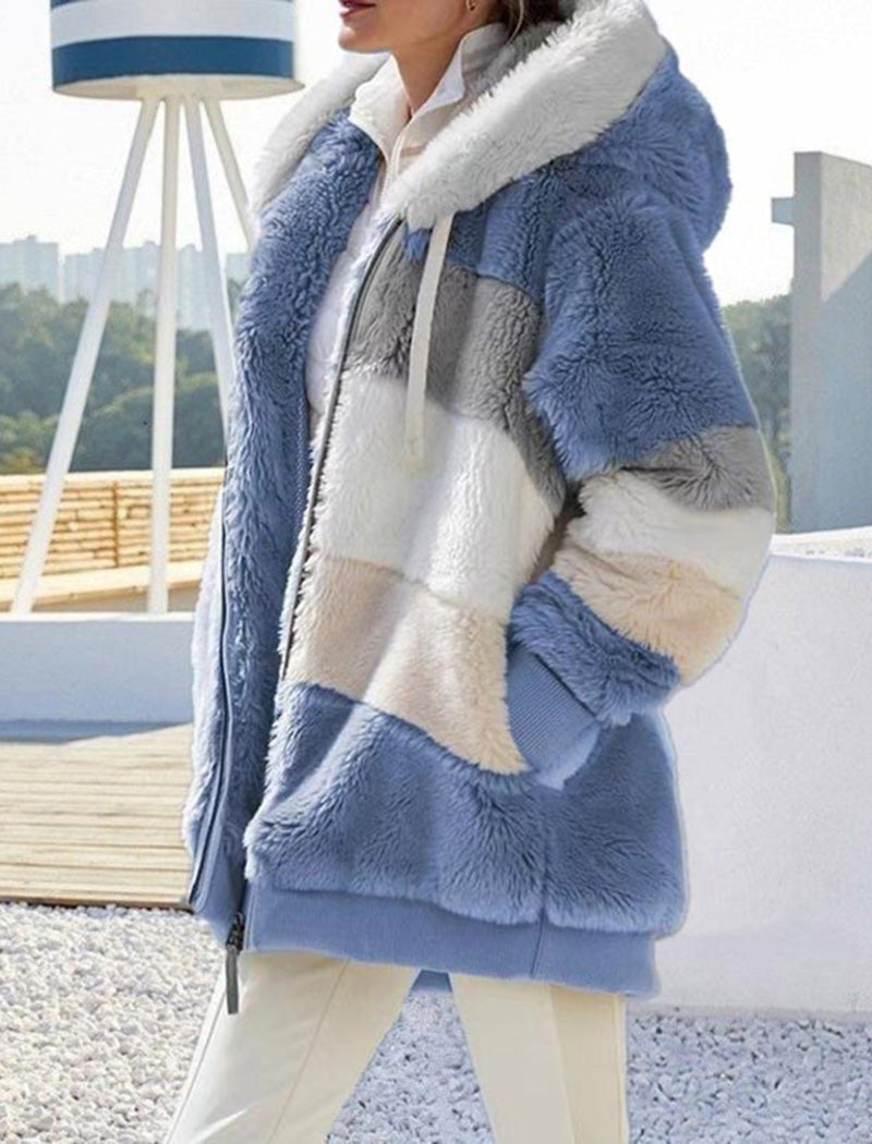 Hooded Patchwork Fuzzy Jacket