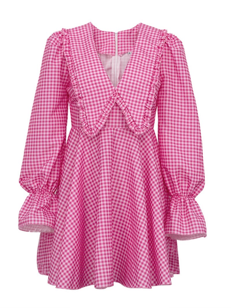 Plaid Puff Sleeve V-Neck Mini Dress