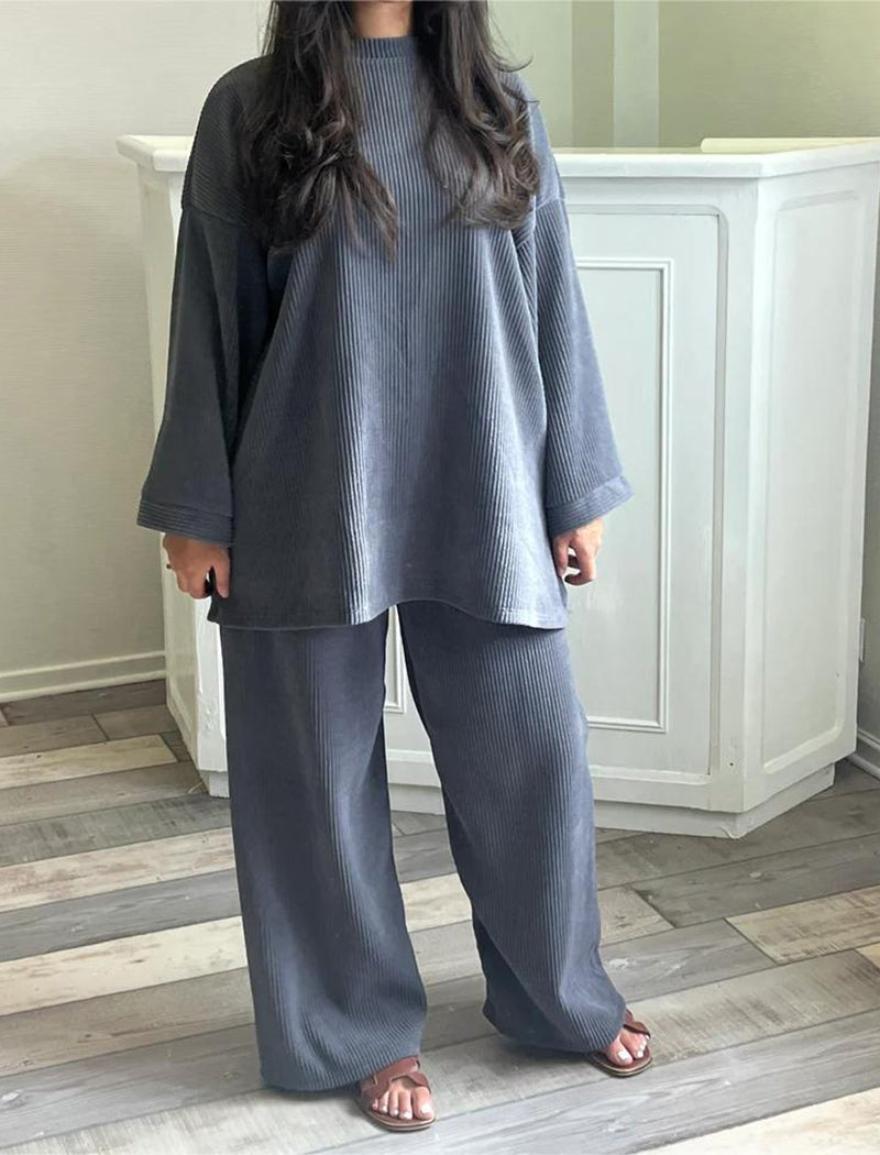 Corduroy Solid Color Crew Neck Long Sleeve Top and Pants Set