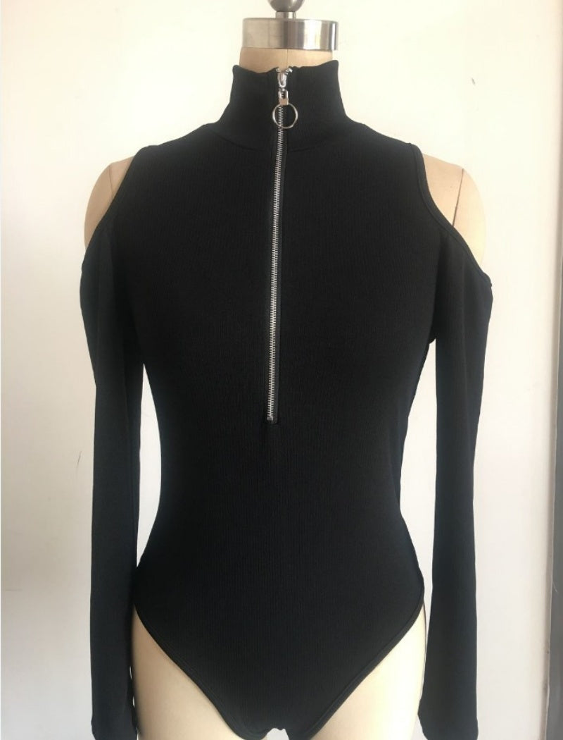 Cold-Shoulder Zip-Up Ribbed Top