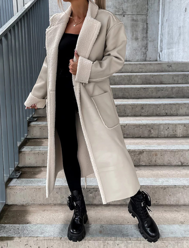 Belted Faux Leather Long Coat