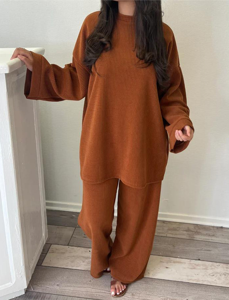 Corduroy Solid Color Crew Neck Long Sleeve Top and Pants Set