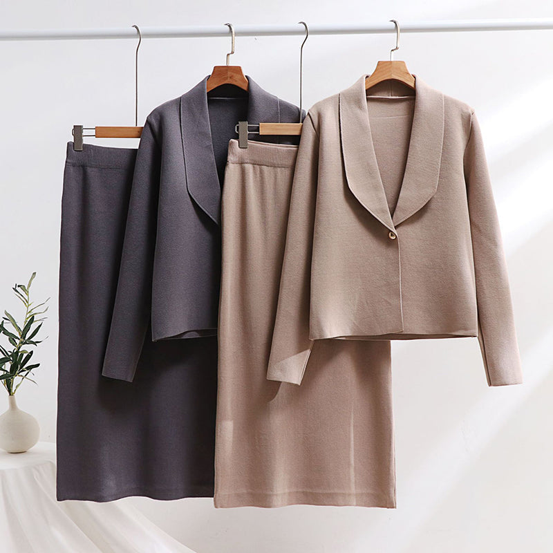 Two-Piece Set with Long Sleeve Solid Top & High-Waisted Skirt