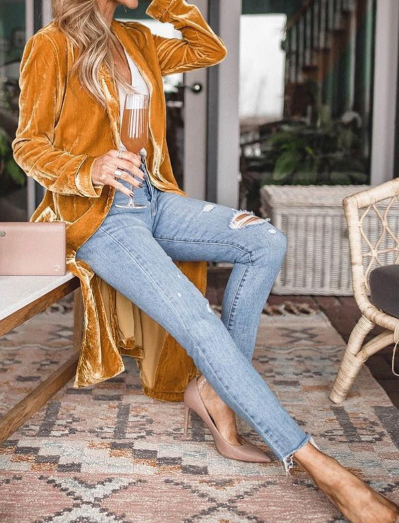 Loose-Fit Velvet Stretch Long Coat