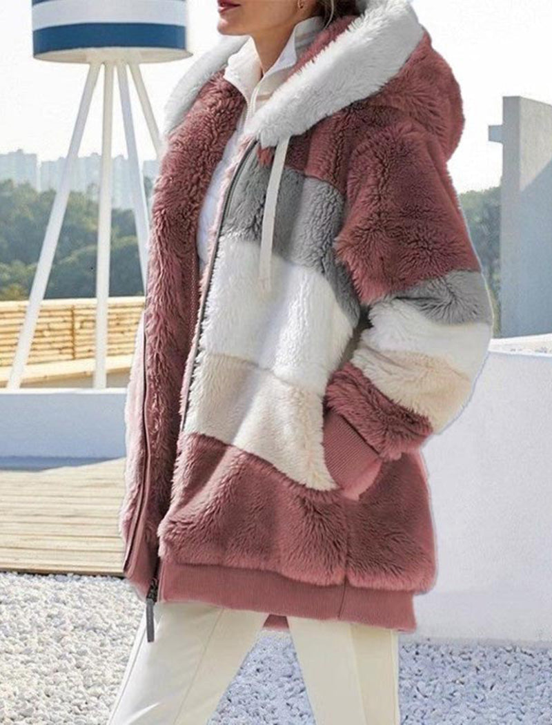 Hooded Patchwork Fuzzy Jacket