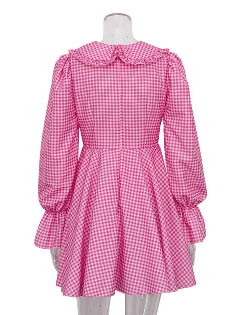 Plaid Puff Sleeve V-Neck Mini Dress