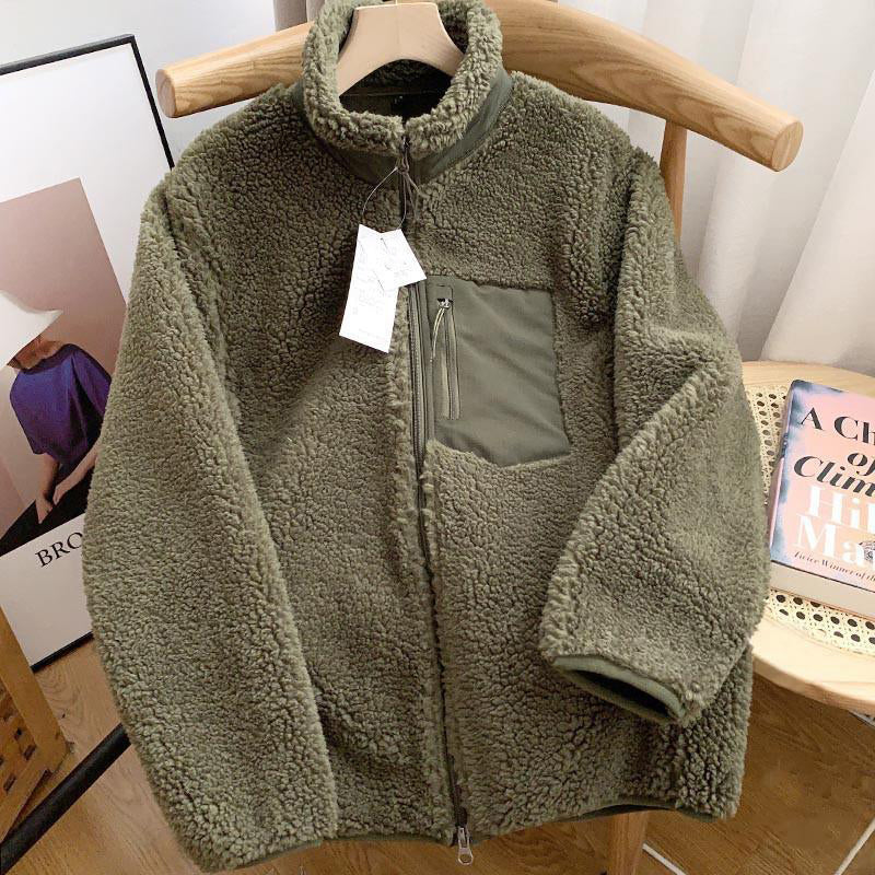 Zipper Windproof Pocket Stand Collar Fleece Coat