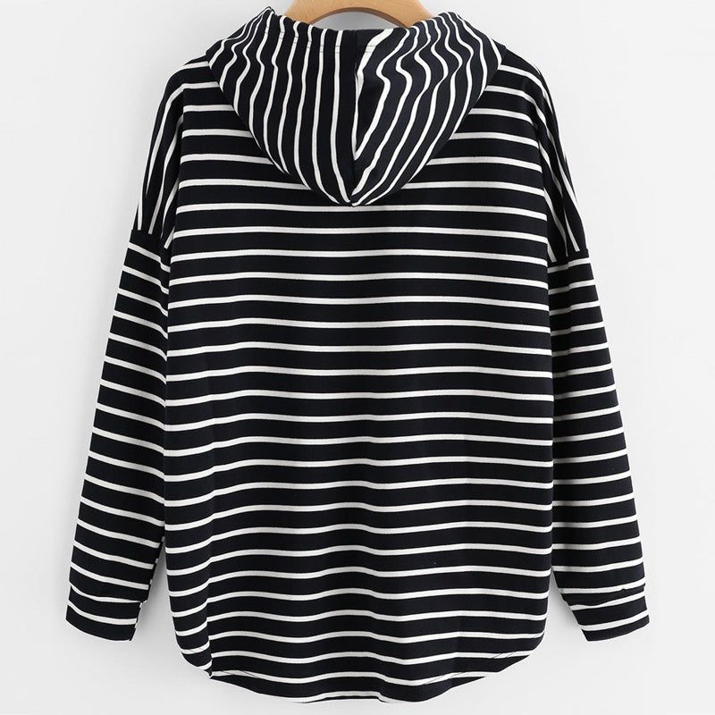 Striped Drawstring Hooded Long Sleeve Top