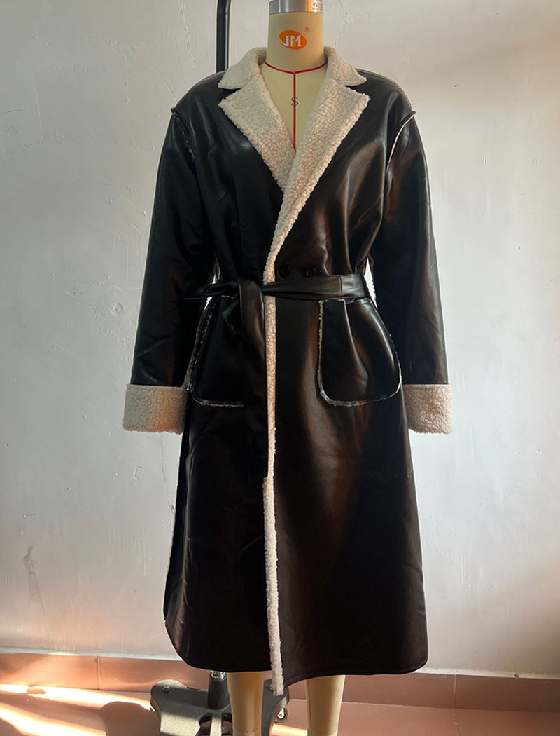 Belted Faux Leather Long Coat
