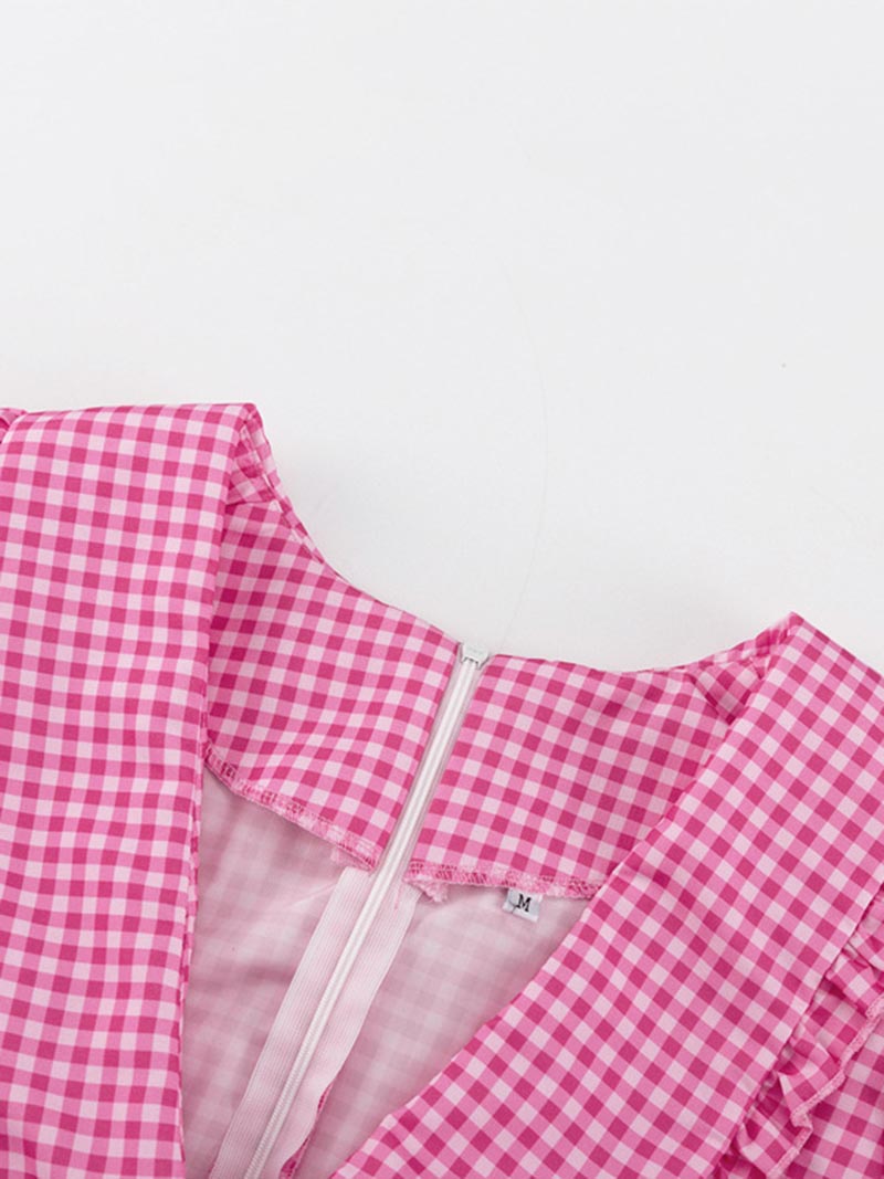 Plaid Puff Sleeve V-Neck Mini Dress