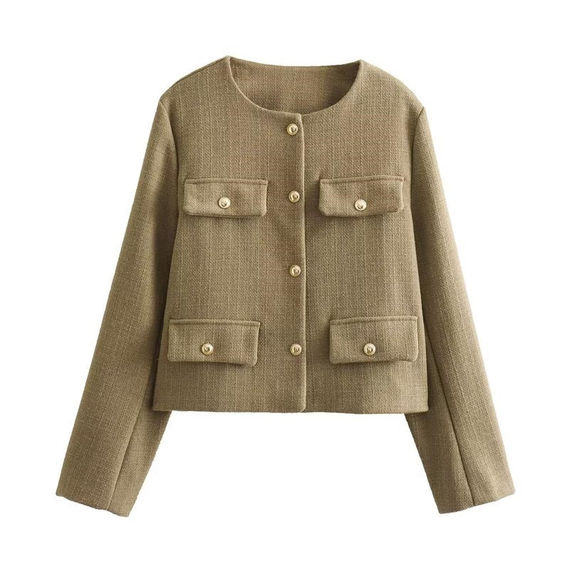 Pocket Front Cropped Button-Up Jacket