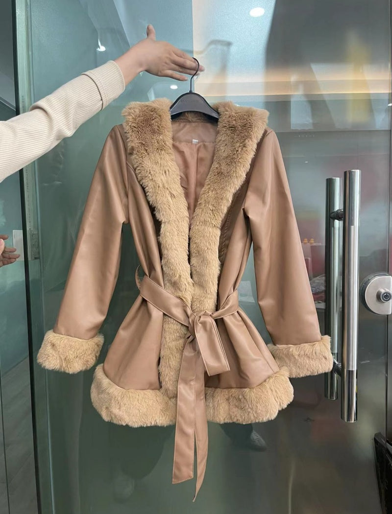 Faux Fur Trim Belted Jacket