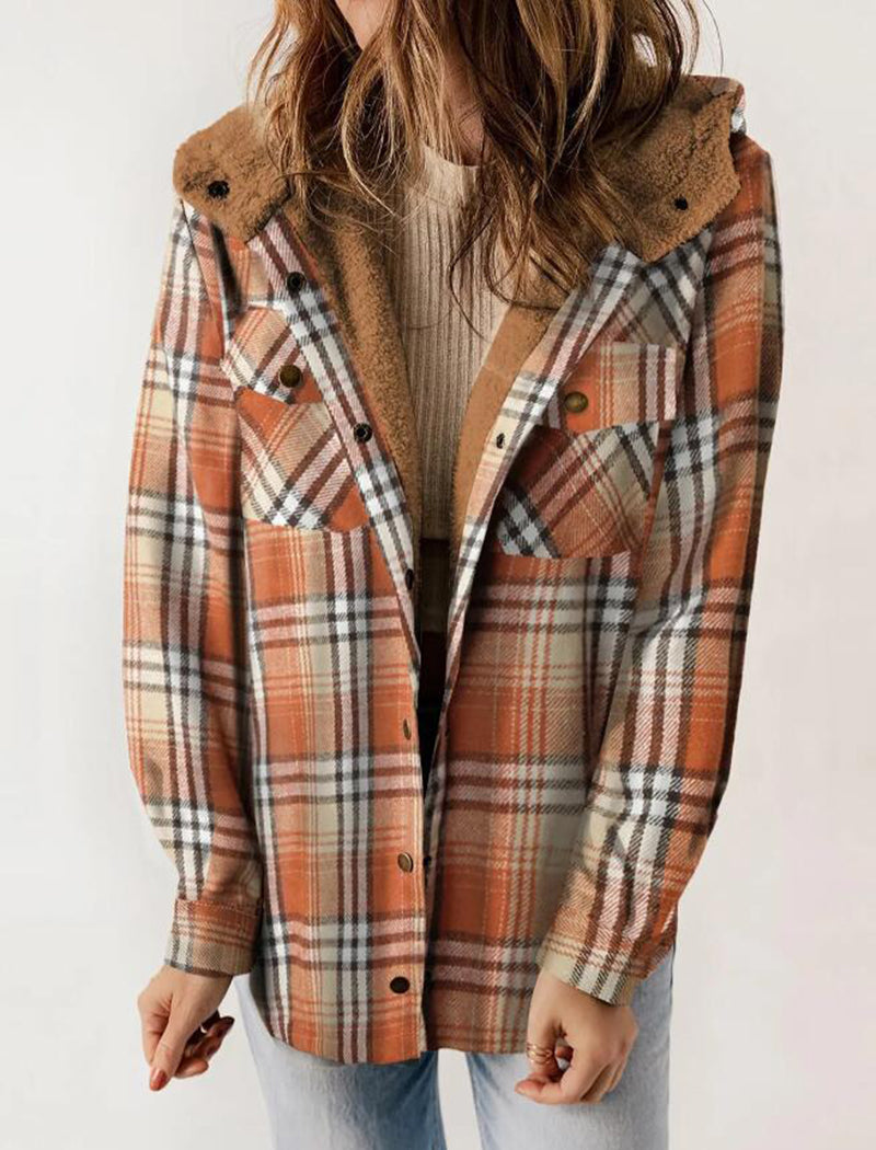 Plaid Long Sleeve Fuzzy Hooded Jacket