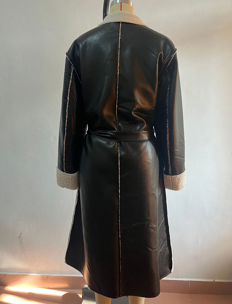 Belted Faux Leather Long Coat