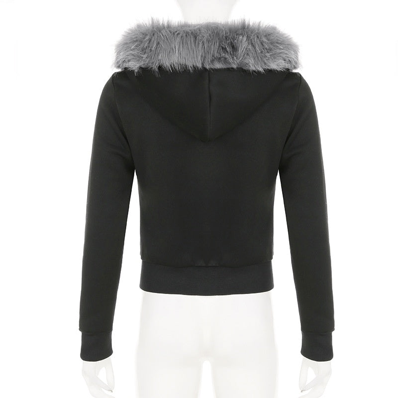 Hooded Fuzzy Patchwork Jacket