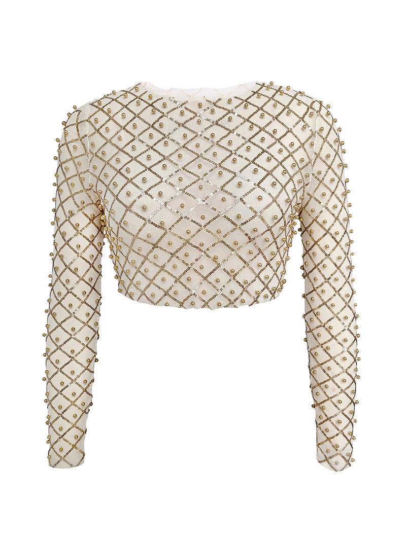 Beaded Mesh Long Sleeve Crop Top