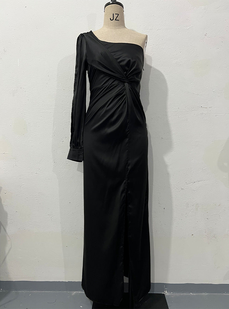 One-Shoulder Draped Split-Hem Maxi Dress