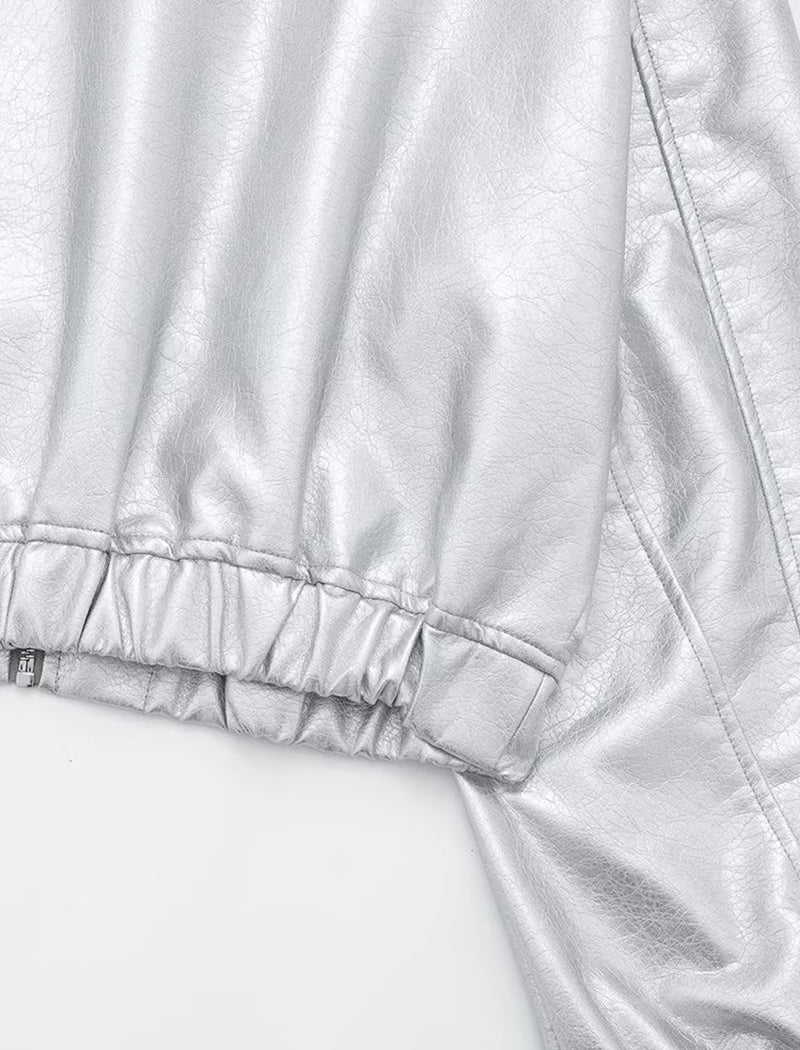 Metallic Zip-Up Cropped Bomber Jacket