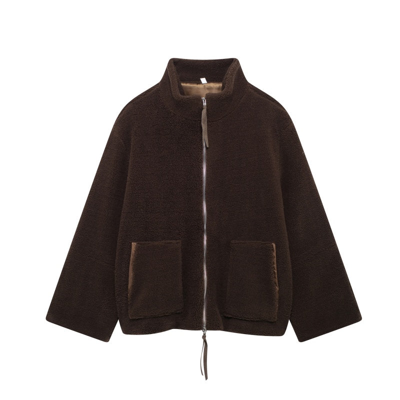 Zip-Up Teddy Jacket with Oversized Fit
