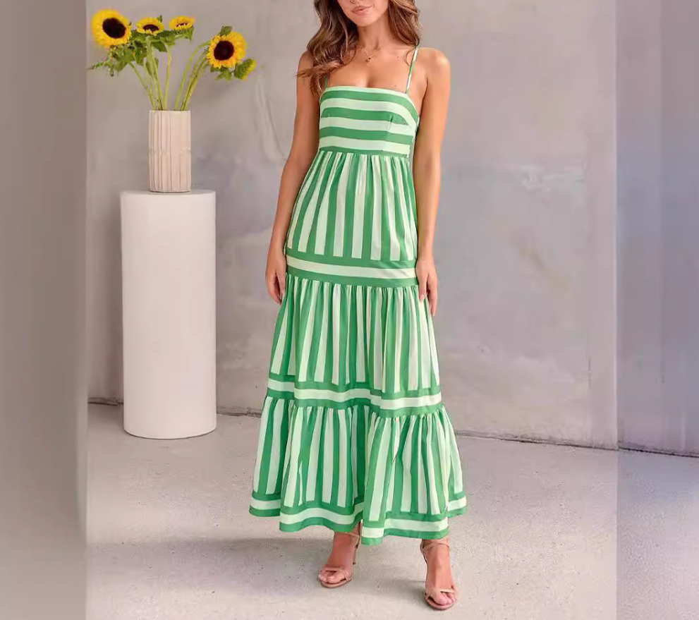 Striped Burnout Bustier Maxi Dress with Adjustable Straps